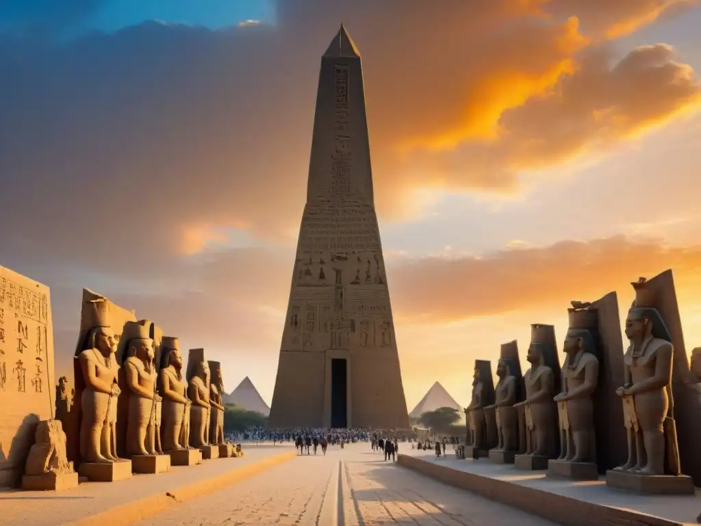 Majestuoso obelisco egipcio en atardecer vibrante, revelando significado y misterio de los obeliscos egipcios