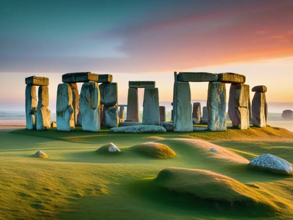 Stonehenge majestuoso, observatorio de solsticios y equinoccios, bañado por la luz del amanecer en un cielo vibrante