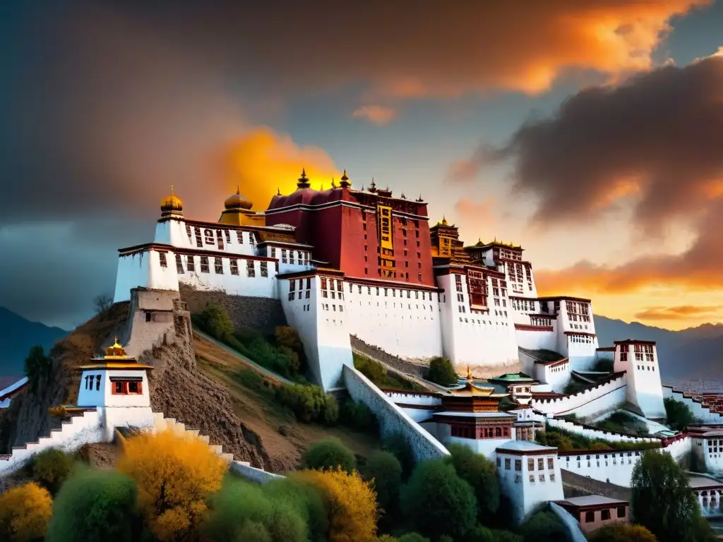 Al amanecer, el majestuoso Palacio de Potala en Lhasa, Tíbet, muestra paz interior y la espiritualidad de los monasterios