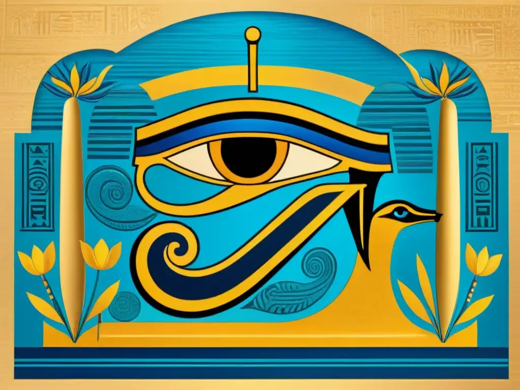 Majestuoso papiro egipcio del Ojo de Horus, con significado de protección y sanación, en tonos azules y dorados