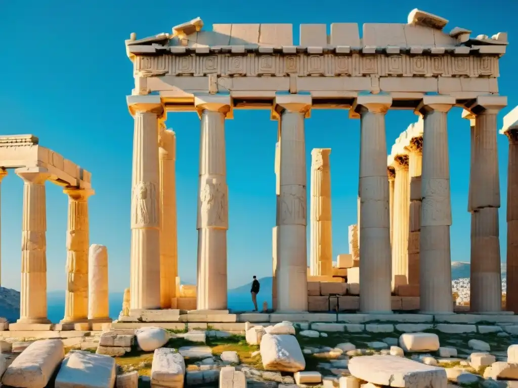 El majestuoso Partenón en la Acrópolis de Atenas bajo el cielo azul, evocando la mitología griega dioses y mitos