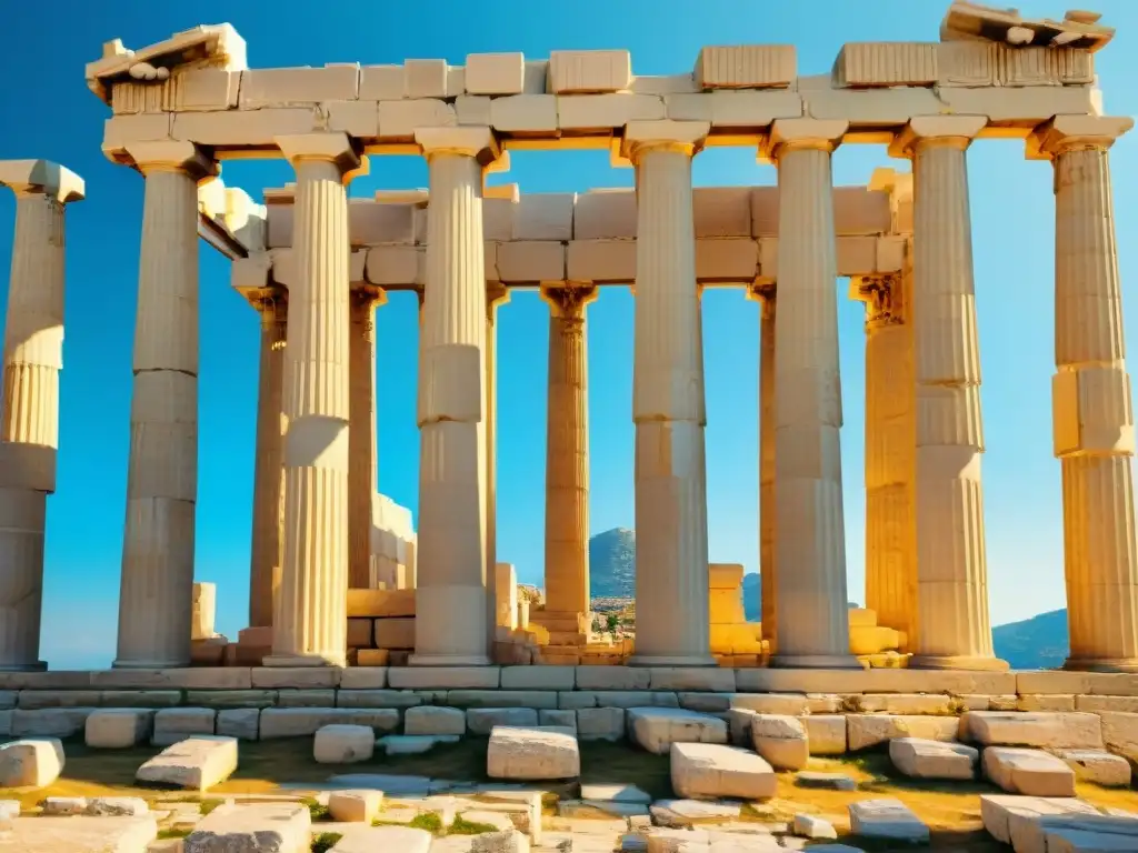 El majestuoso Partenón en la Acrópolis de Atenas, con sus columnas dorias bajo el cielo azul