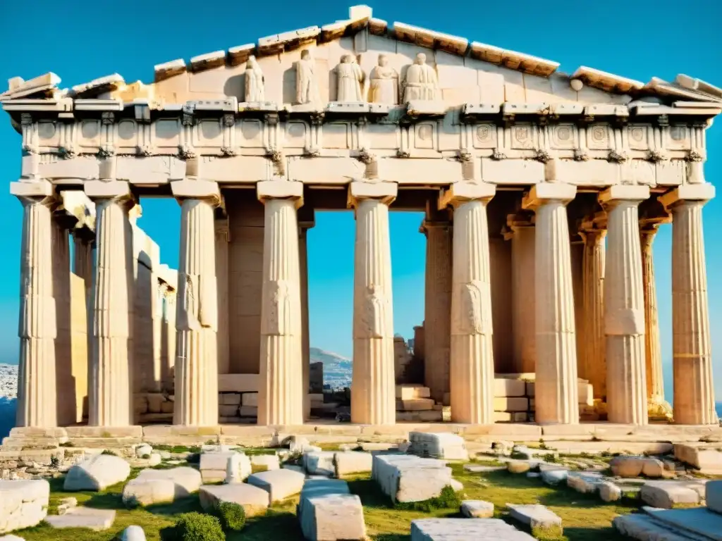 El majestuoso Partenón bañado por la cálida luz del sol en la Acropolis de Atenas, resaltando el Nacimiento de la política en Atenas