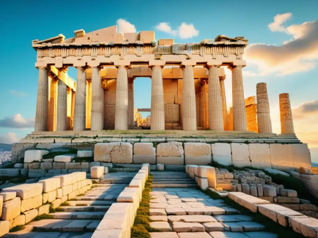 El majestuoso Partenón bañado por la luz dorada del amanecer en la Acrópolis de Atenas, mostrando la belleza del Nacimiento de la política en Atenas