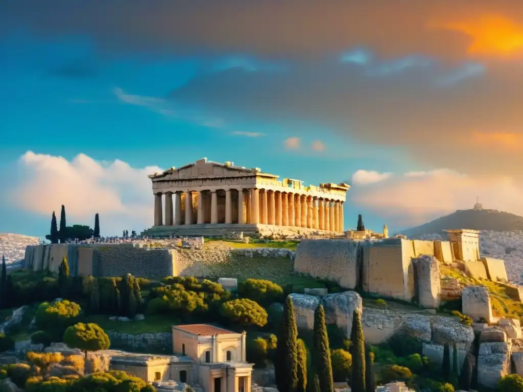 El majestuoso Partenón iluminado por el cálido sol poniente en la Acropolis de Atenas, evocando la Ética en la Antigua Atenas