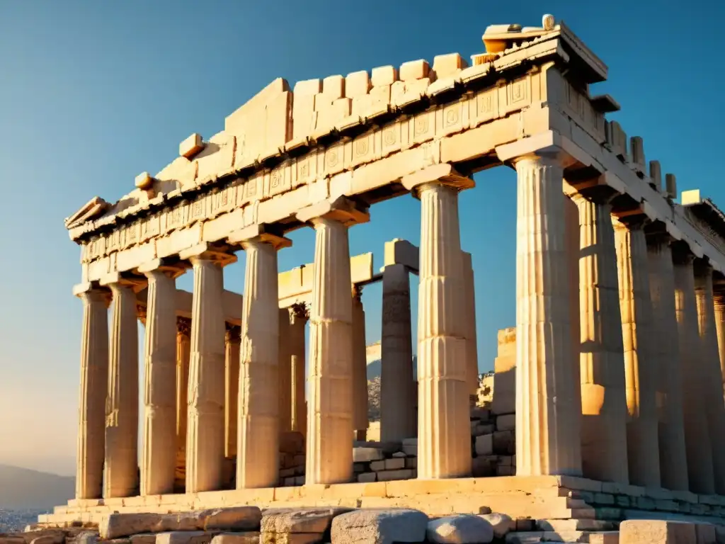 Majestuoso Parthenon en Atenas, símbolo de la arquitectura y democracia griega, iluminado por el sol dorado