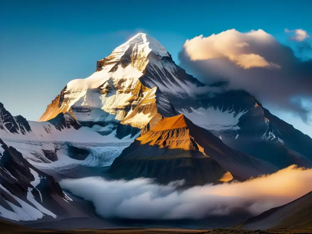 Un majestuoso Mount Kailash: pico nevado rodeado de nubes, con atardecer dorado, senderos y peregrinos en un aura espiritual