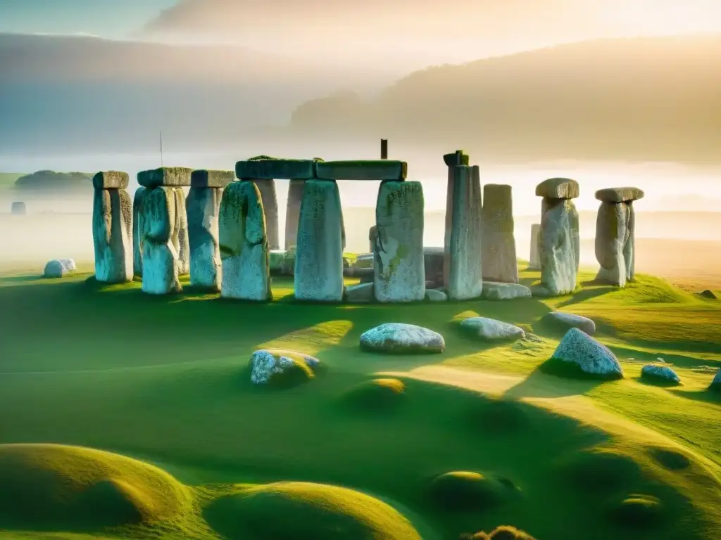 Majestuoso Stonehenge al amanecer, revelando su poder espiritual y conexión con la civilización antigua en un paisaje verde vibrante