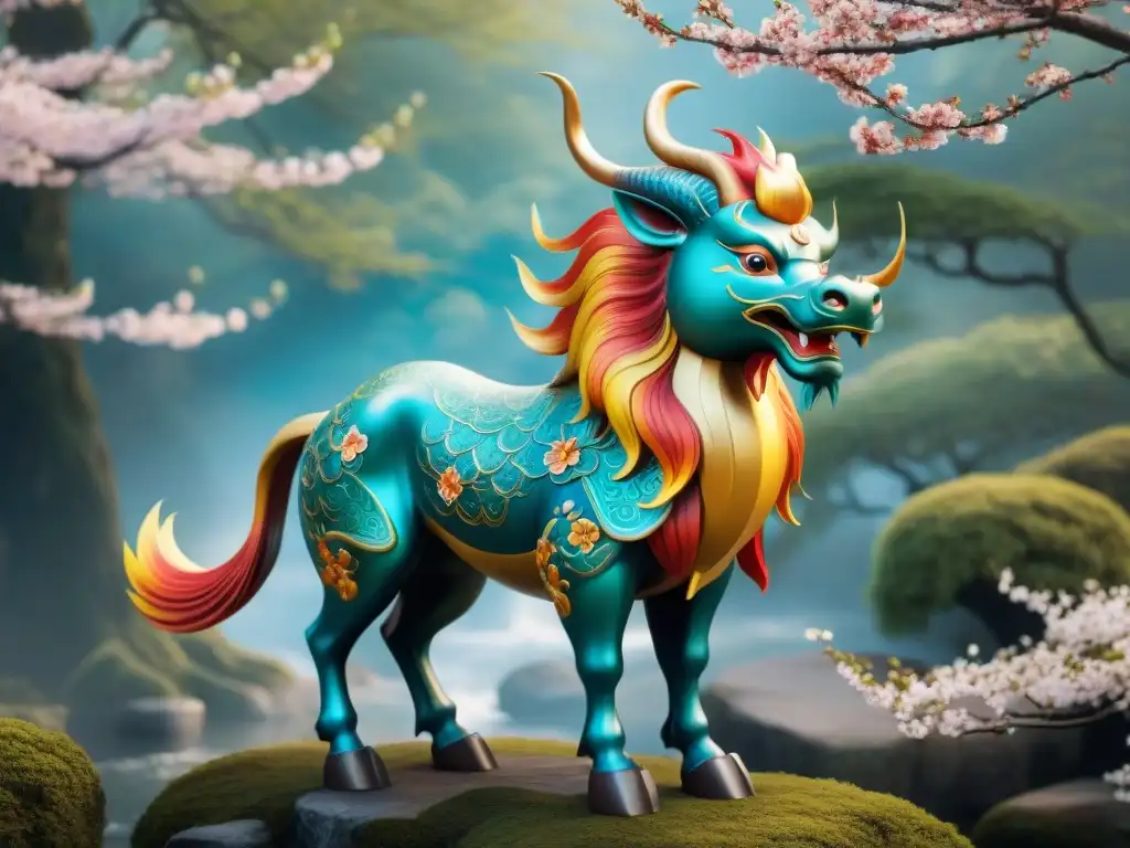 Un majestuoso Qilin en un bosque sereno rodeado de cerezos en flor