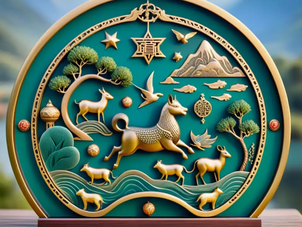 Majestuoso relieve de bronce con los doce animales del zodiaco chino y símbolos celestiales