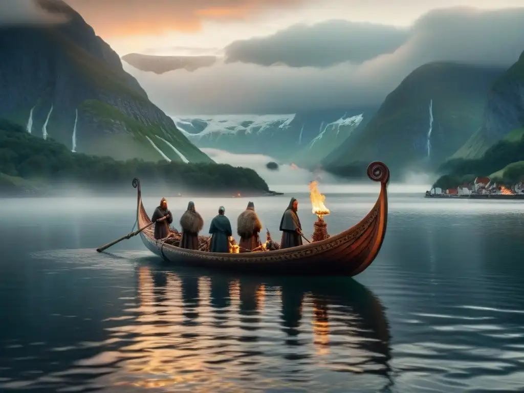 Un majestuoso ritual funerario vikingo en un fiordo al atardecer, con un barco adornado y antorchas encendidas