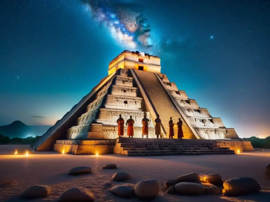 Ritual maya de iniciación celestial en pirámide Majestuoso ritual de iniciación maya en la cima de un templo, con sacerdotes bajo un cielo estrellado