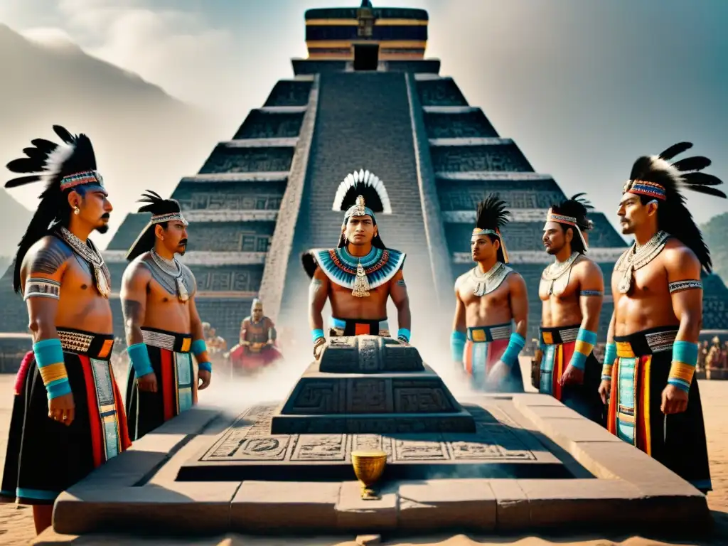 Majestuoso ritual de sacerdotes aztecas alrededor de una piedra tallada, símbolos místicos en templo azteca