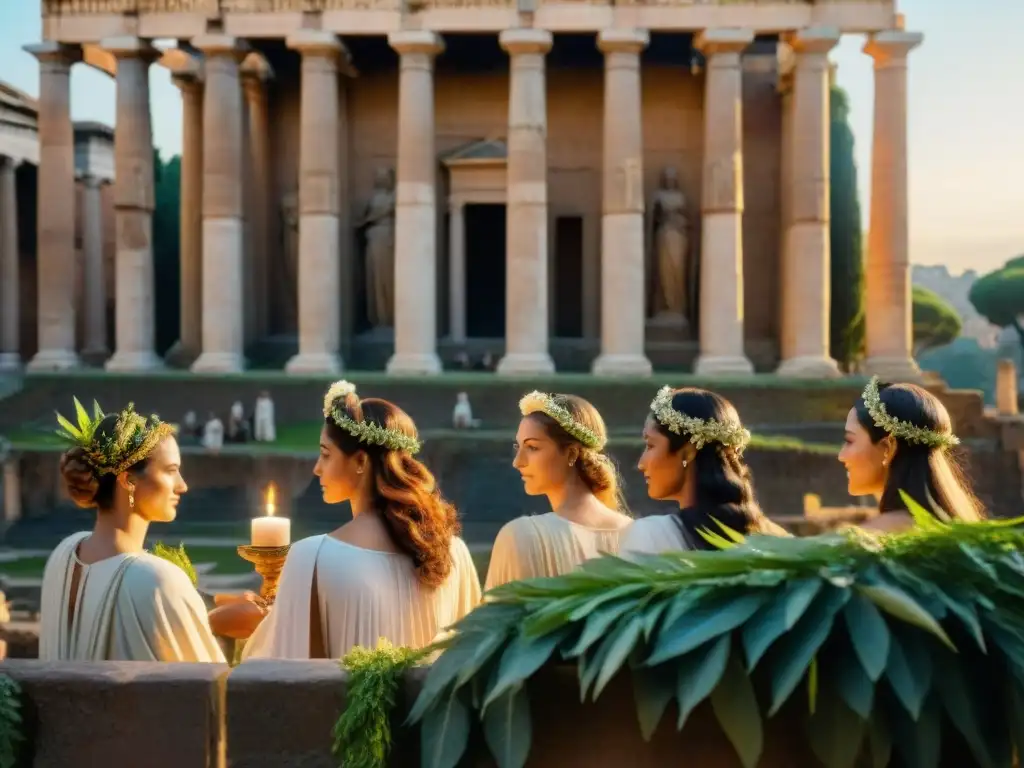 Majestuoso ritual de las Vírgenes Vestales en el Templo de Vesta al atardecer, capturando la solemnidad de los mitos fundacionales Roma antigua