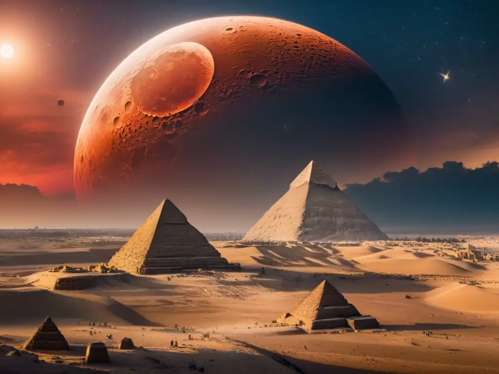 Majestuoso Sphinx de Giza en eclipse rojo sangre sobre las pirámides bajo cielo estrellado