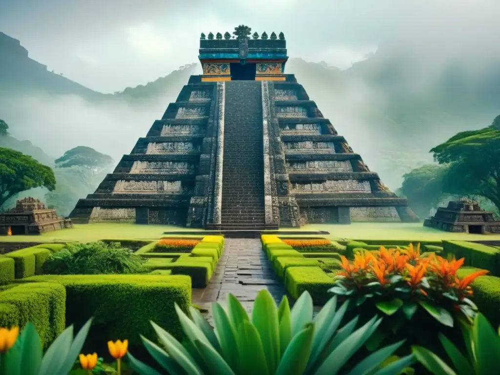 Majestuoso templo azteca en la niebla, sacerdotes realizan adoración a Tláloc en sacrificios