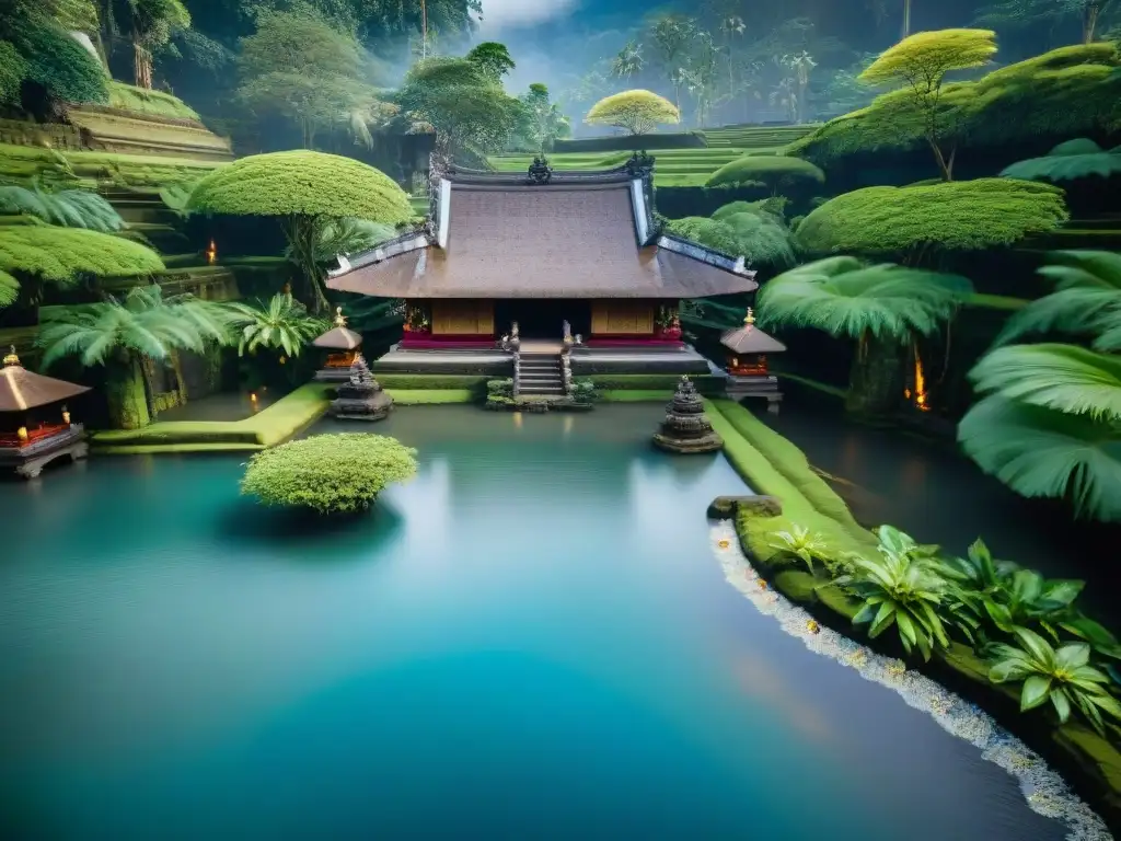 Majestuoso templo Tirta Empul en Bali con devotos en ritual, evoca misterios civilizaciones antiguas Bali