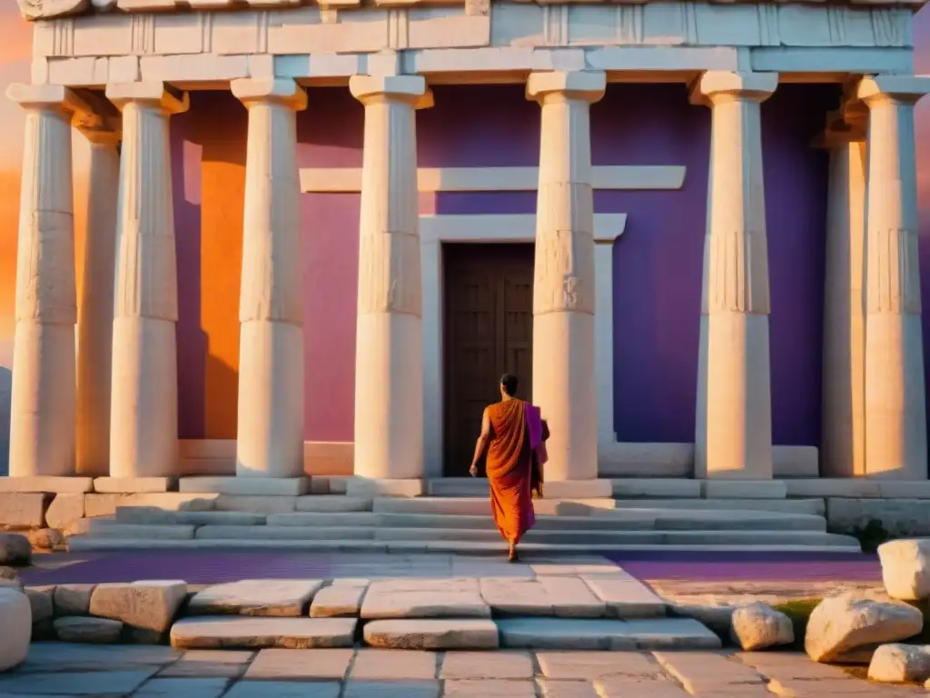 Majestuoso templo griego al atardecer, con columnas de mármol y rituales de paso en Grecia