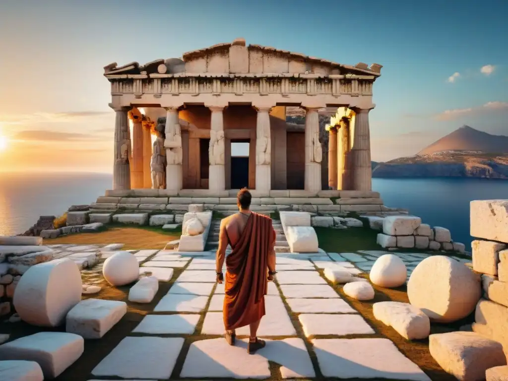 Majestuoso templo griego dedicado a Apolo, con esculturas y rituales de adivinación en civilizaciones antiguas al atardecer