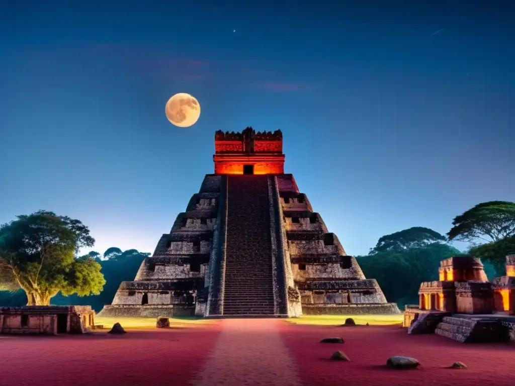 Majestuoso templo maya en eclipse lunar rojo sangre