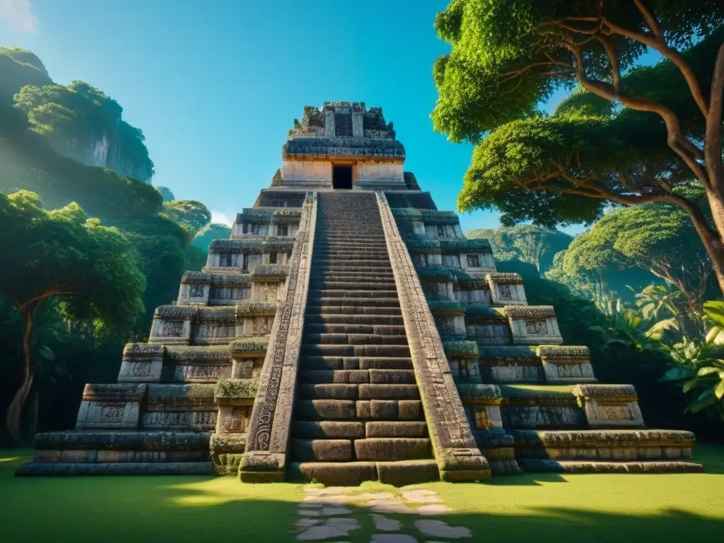 Majestuoso templo maya con intrincadas tallas de piedra en la selva, mostrando la historia de la adivinación con piedras