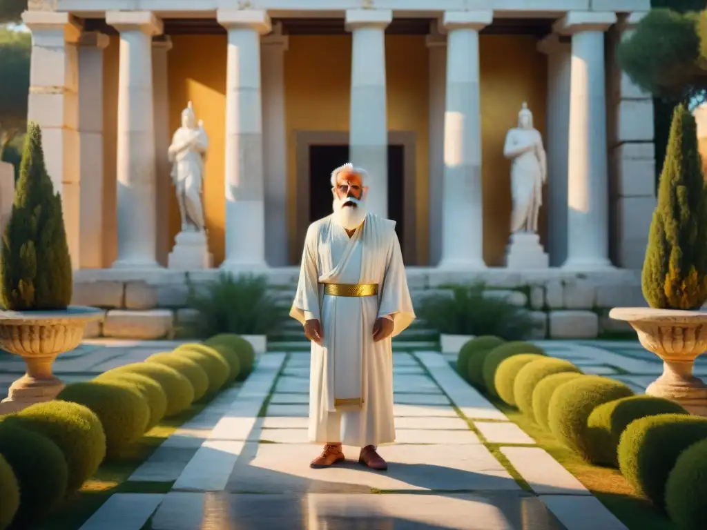 En el majestuoso templo, sacerdotes griegos interpretan señales augurios entre columnas y naturaleza exuberante al atardecer