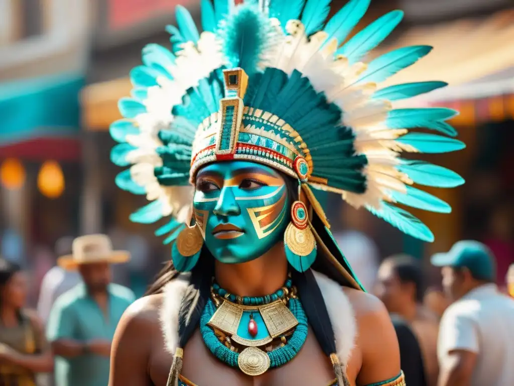 Majestuoso tocado azteca de oro y turquesa en mercado antiguo