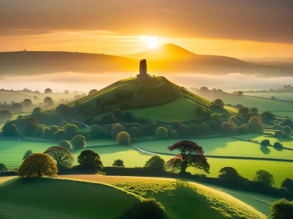 Majestuoso Tor de Glastonbury en contraluz durante un vibrante atardecer, rodeado de leyendas artúricas espirituales