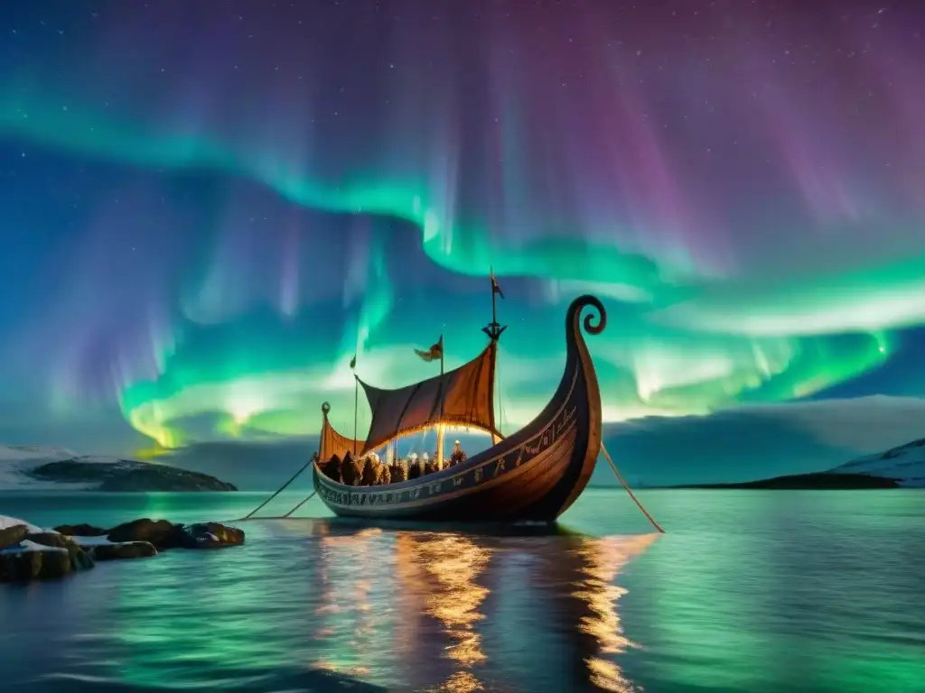 Un majestuoso drakkar vikingo navega bajo la Aurora Boreal, con el lobo Fenrir y un eclipse solar