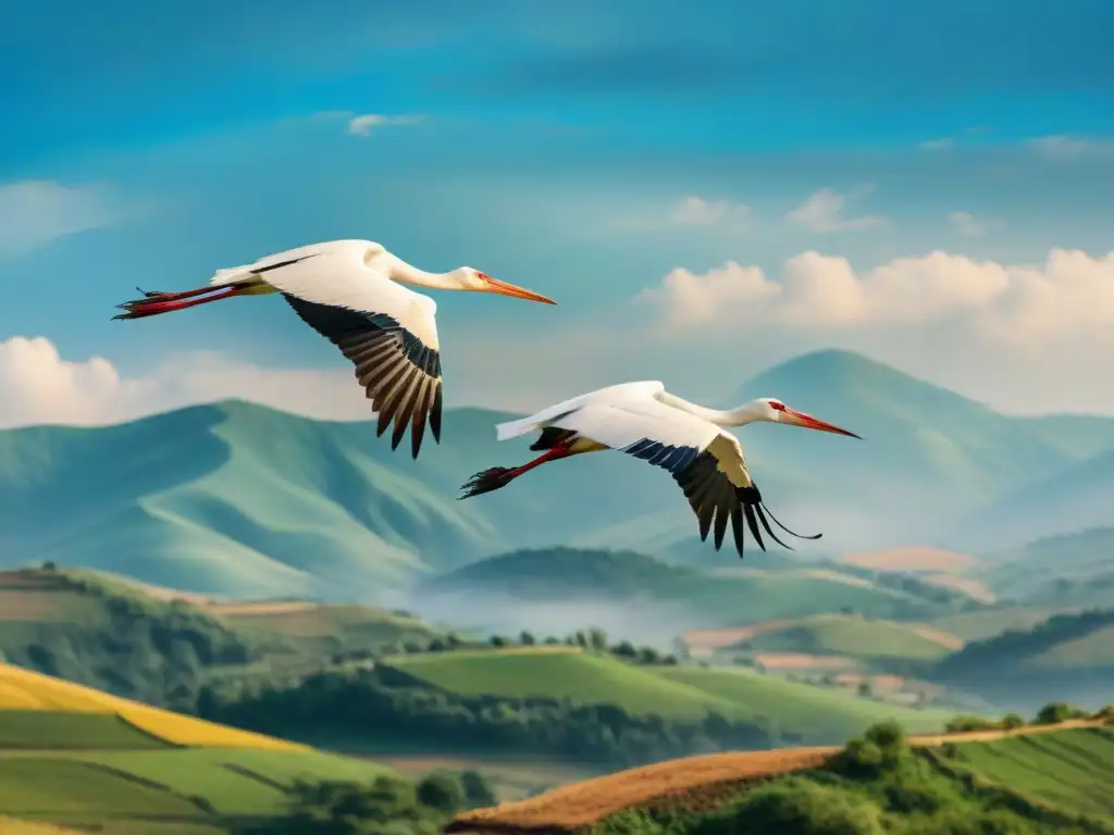 Un majestuoso vuelo de cigüeñas blancas en formación V sobre paisaje vasto