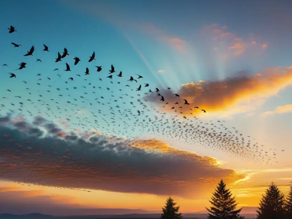 Un majestuoso vuelo de pájaros al atardecer, simbolizando el significado de los augurios en la naturaleza