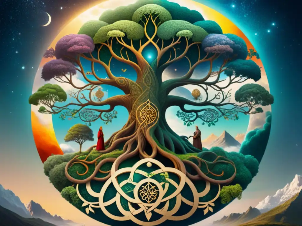 El majestuoso Yggdrasil, el Árbol del Mundo de la mitología nórdica, rebosa vida eterna y seres míticos en un cosmos vibrante de colores y energías