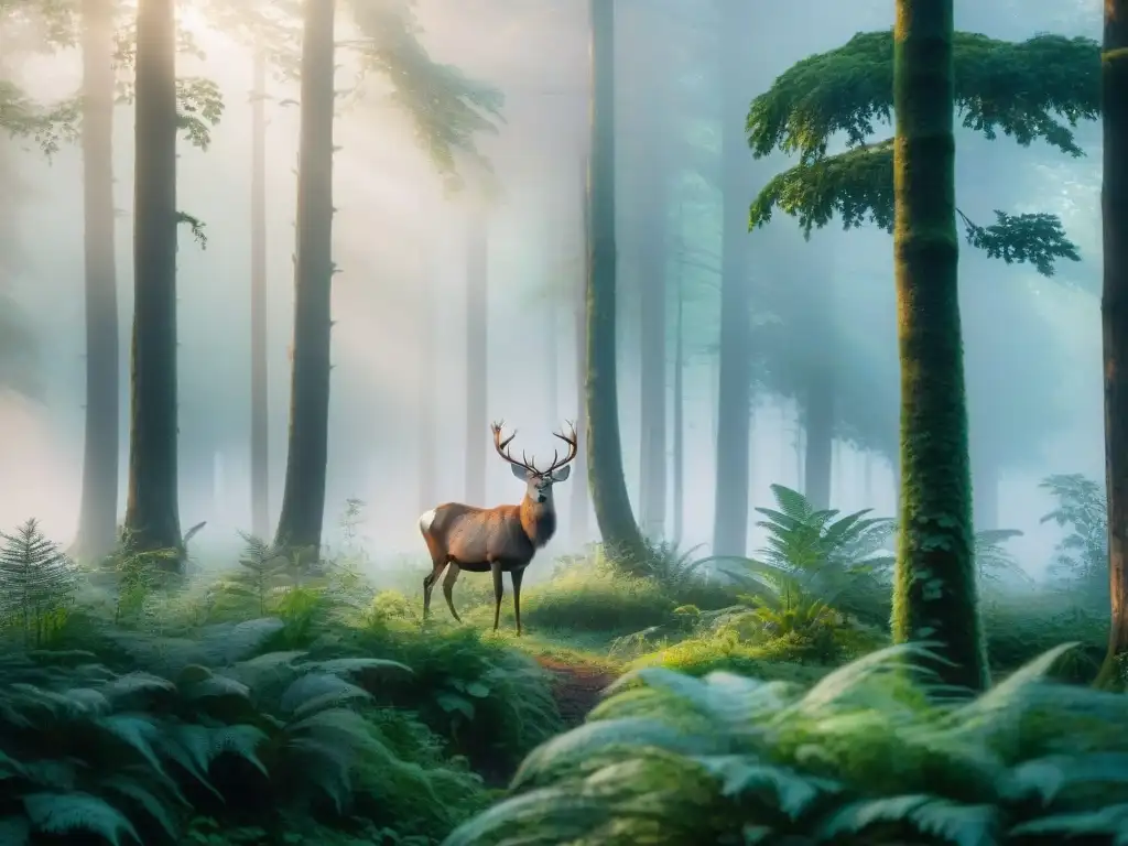 Majestuosos árboles antiguos en un bosque eslavo, con niebla matutina y espíritus del bosque en Eslava