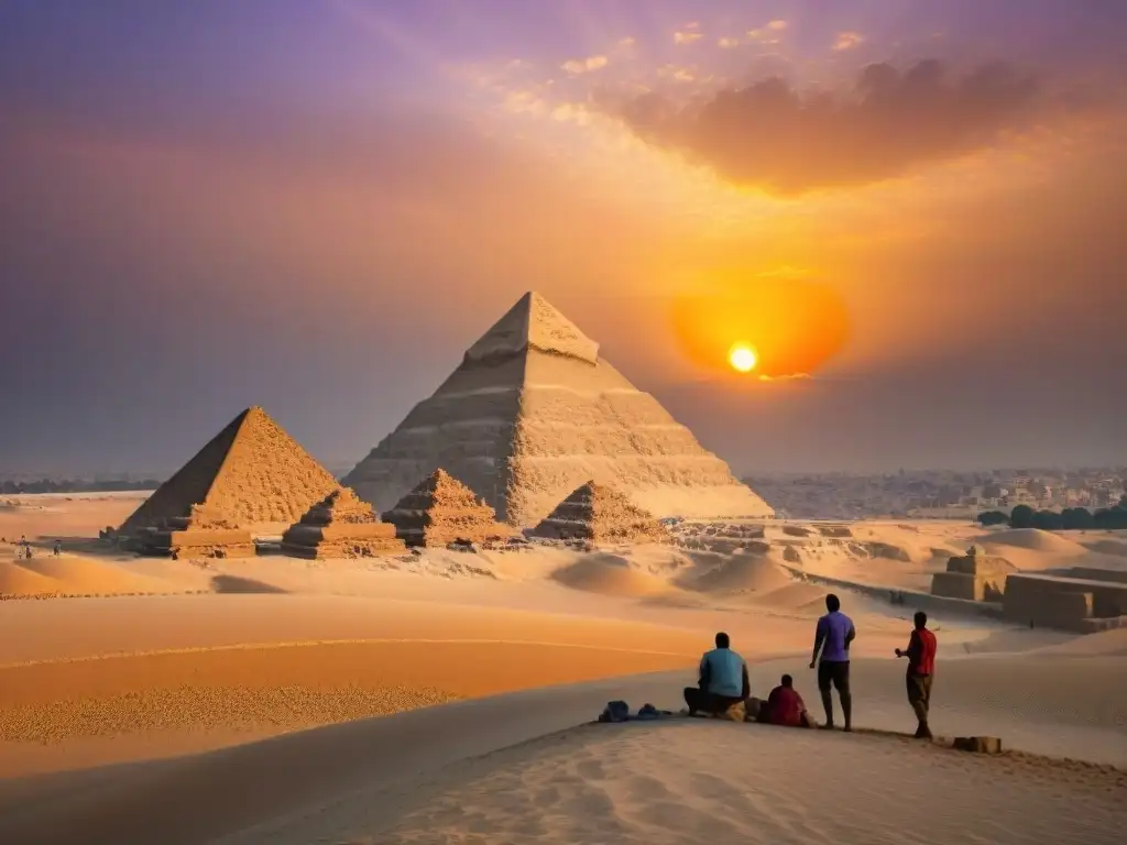 Majestuosos atardeceres en las pirámides de Giza, donde se extraen aceites esenciales en un paisaje sagrado