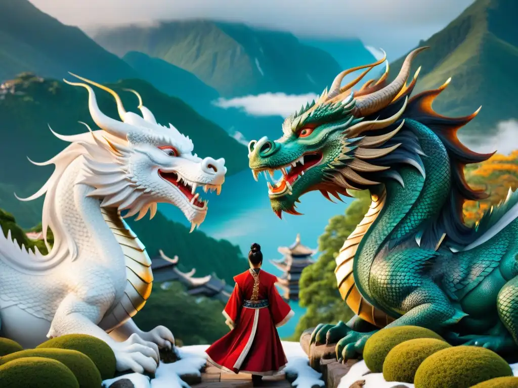 Dos majestuosos dragones entrelazados en una danza dinámica, simbolizando los paralelos entre la mitología nórdica y china