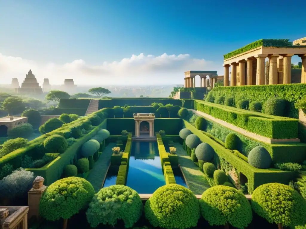 Majestuosos Jardines colgantes de Babilonia: terrazas verdes, cascadas y arquitectura en un paisaje mítico