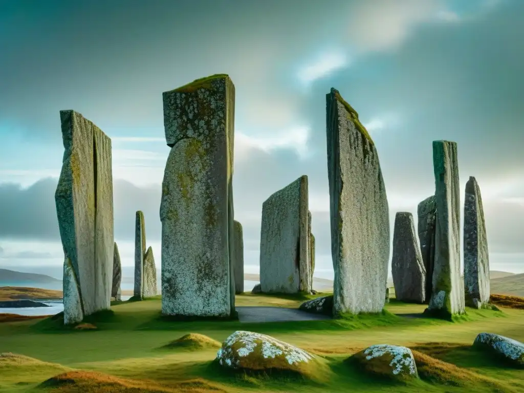 Misterio ancestral: Menhir de Callanish en Escocia Majestuosos menhires celtas de Callanish en la Isla de Lewis, Escocia, bajo un cielo dramático