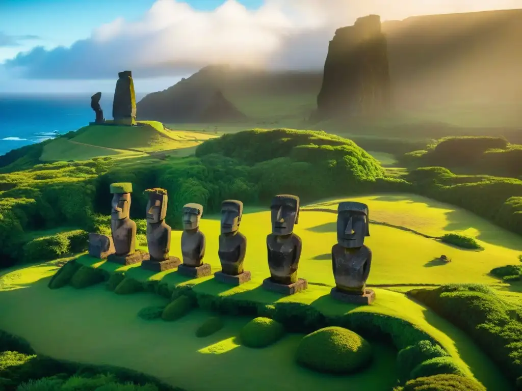 Majestuosos Moai de Rapa Nui al amanecer, revelando los misterios ancestrales de la isla