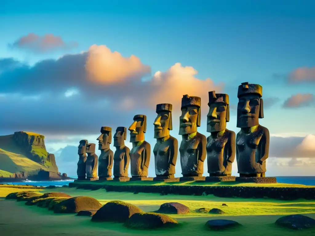 Majestuosos Moáis de Rapa Nui en el atardecer vibrante de Ahu Tongariki