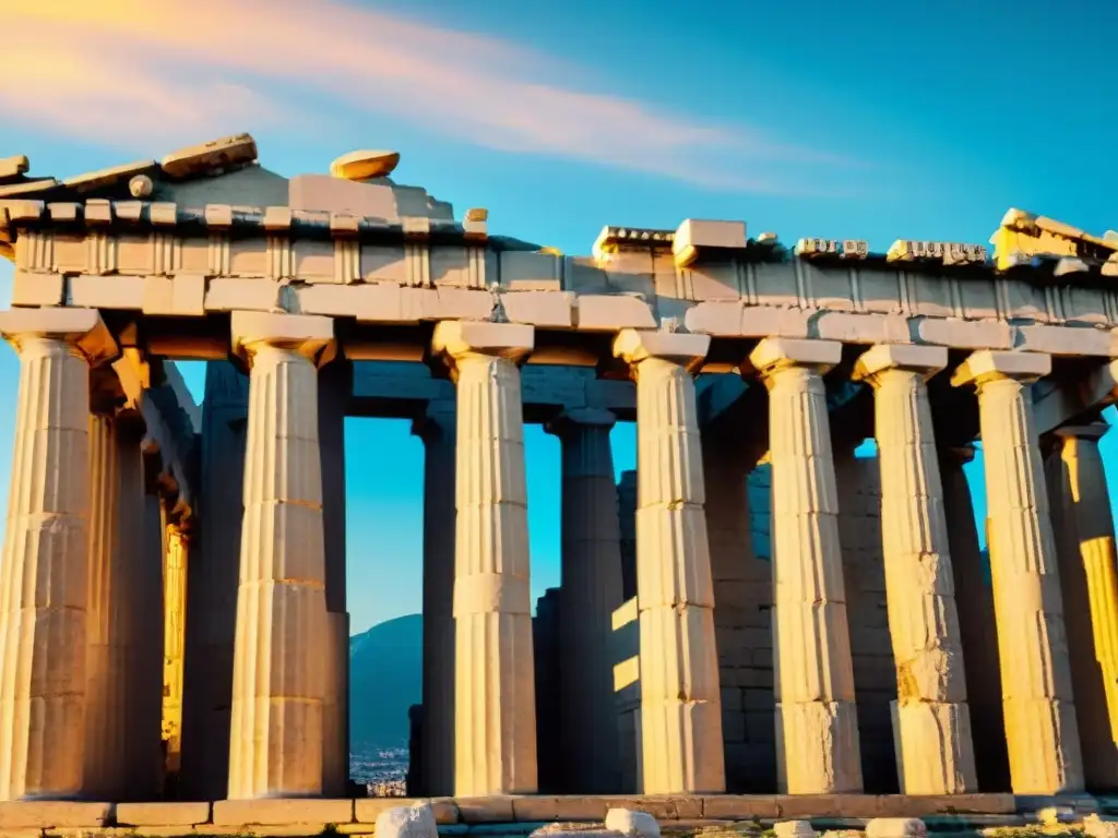 Los majestuosos Pilares éticos de la Antigua Grecia bañados por la cálida luz dorada del atardecer