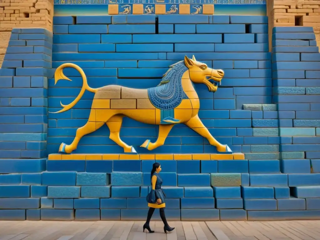 Majestuosos relieves de dragones y toros en la Puerta de Ishtar, evocando los misterios de la legendaria ciudad de Babilonia