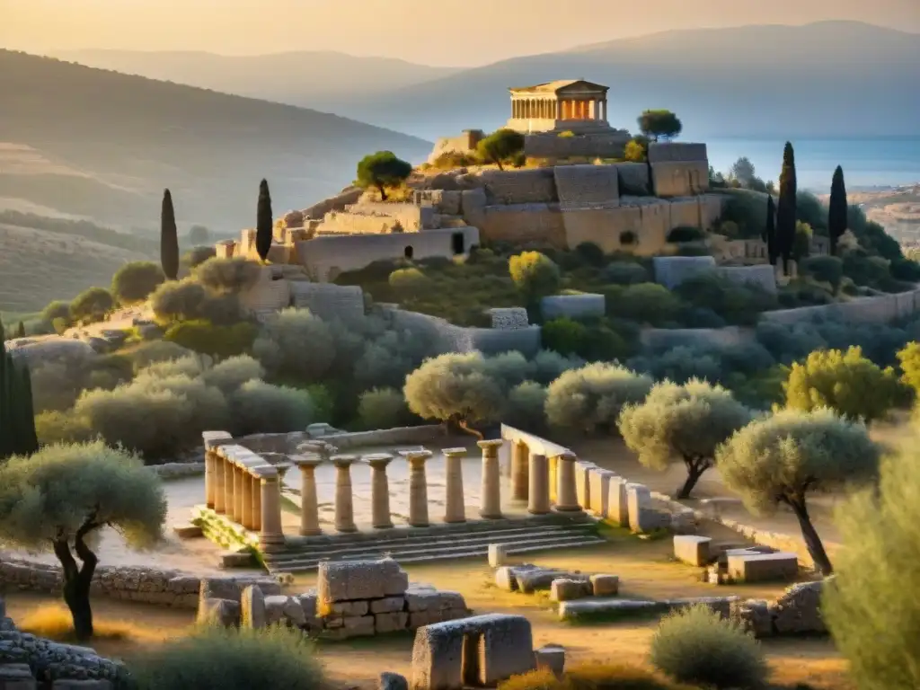 Majestuosos ritos de iniciación en Eleusis, ruinas bañadas por luz dorada al atardecer, misteriosas figuras se acercan