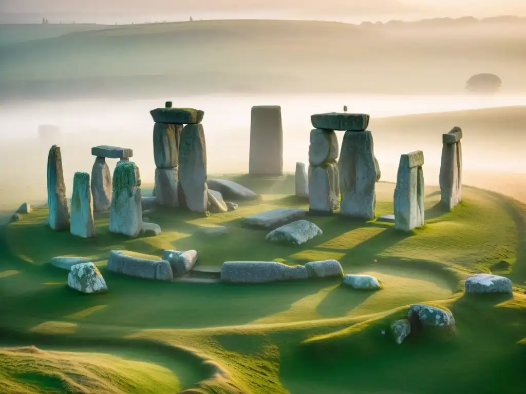 Majestuosos rituales ancestrales en Stonehenge al amanecer brumoso, entre la niebla y la belleza mística