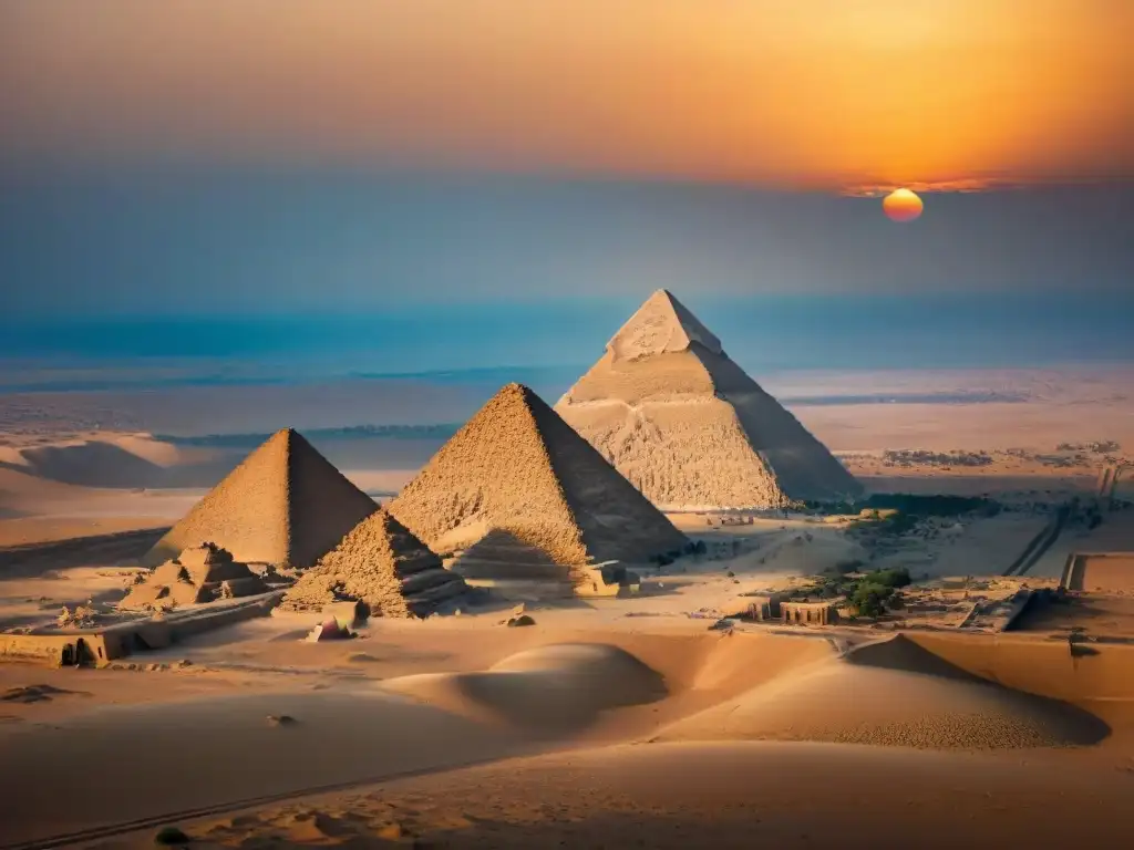 Majestuosos secretos pirámides Egipto legado iluminados por el atardecer en Giza