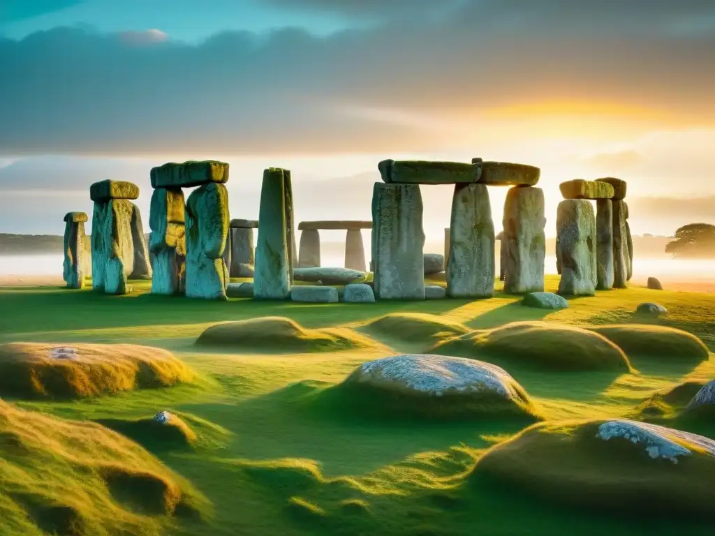 Majestuosos sitios sagrados celtas druidas en Stonehenge al amanecer, con piedras y sombras largas en la hierba rocío