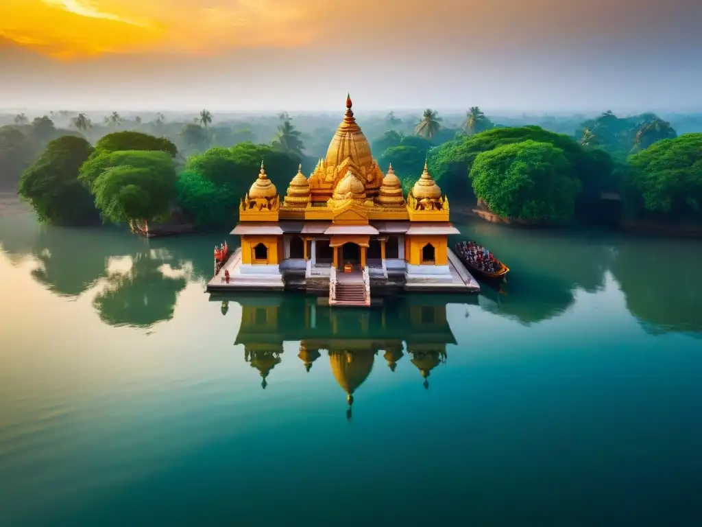 Majestuosos templos flotantes de la antigua India, con detallada arquitectura y colores vibrantes en el río sereno