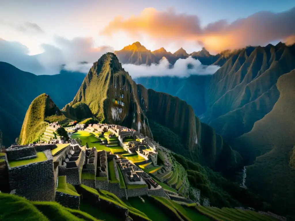 Majestuosos Templos Solares Incas misterios en Machu Picchu al amanecer, revelando su esplendor arquitectónico y paisajístico