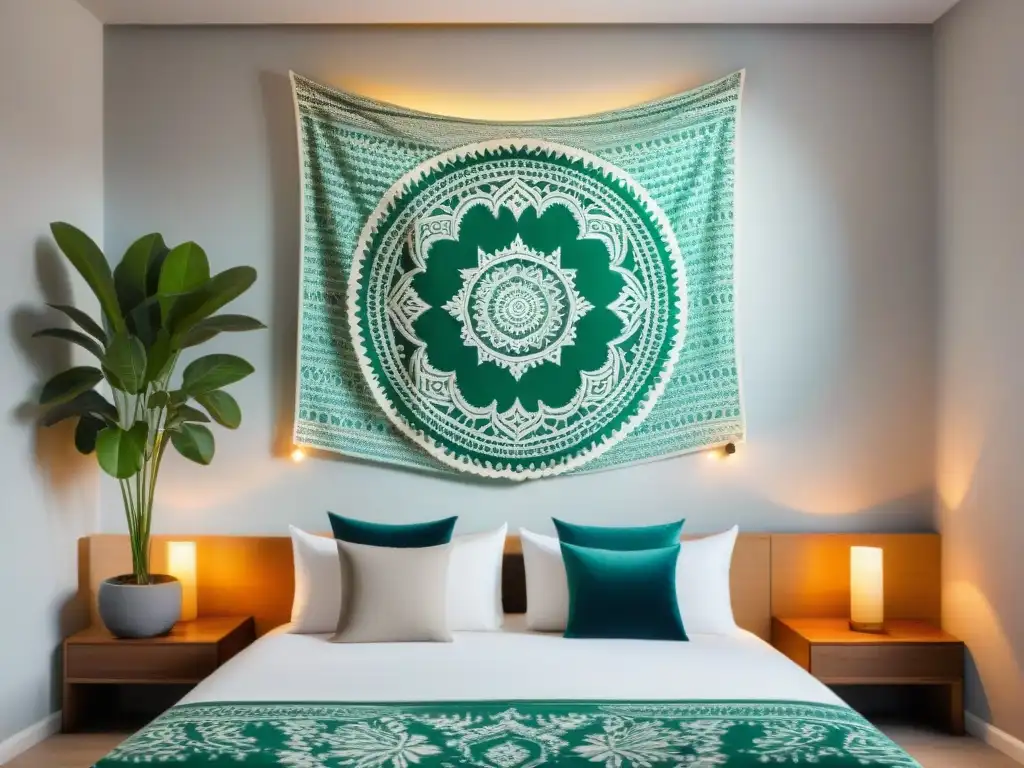 Un mandala decorativo colgado en la pared blanqueada, rodeado de plantas verdes y luz natural