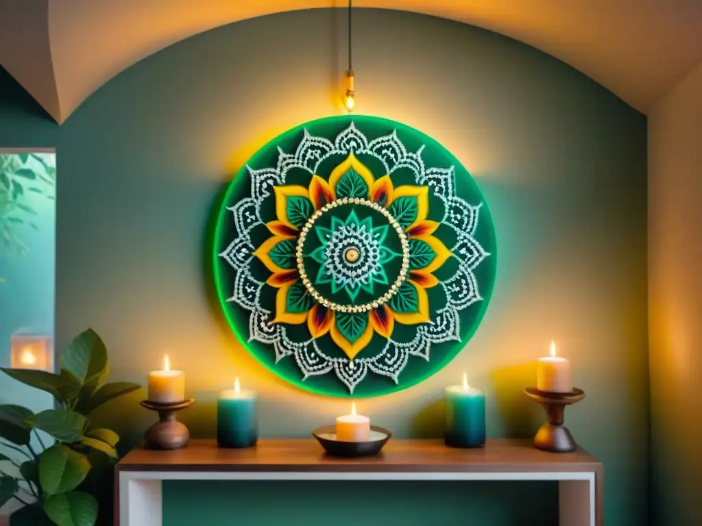 Un mandala elaborado a mano en tonos vibrantes y patrones intrincados, adorna una pared de sala acogedora