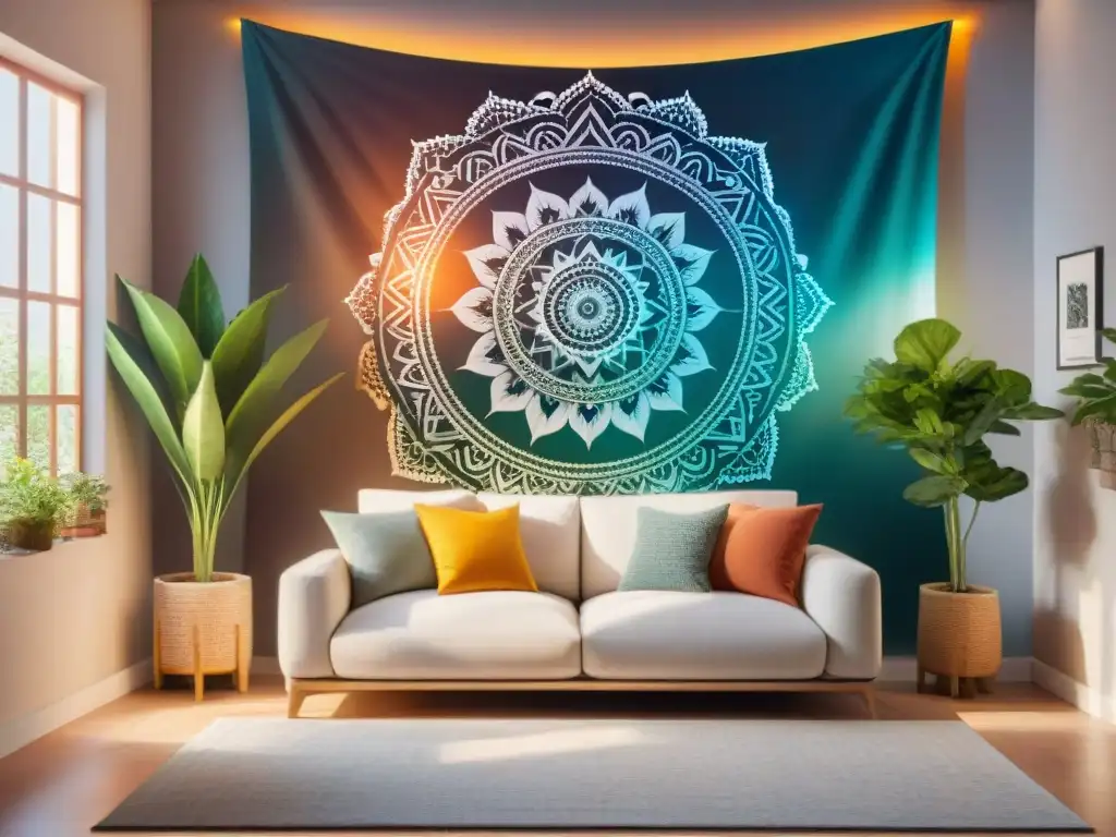 Un mandala intricado cuelga en la pared soleada de una sala serena, creando un patrón de luz y sombra hipnotizante